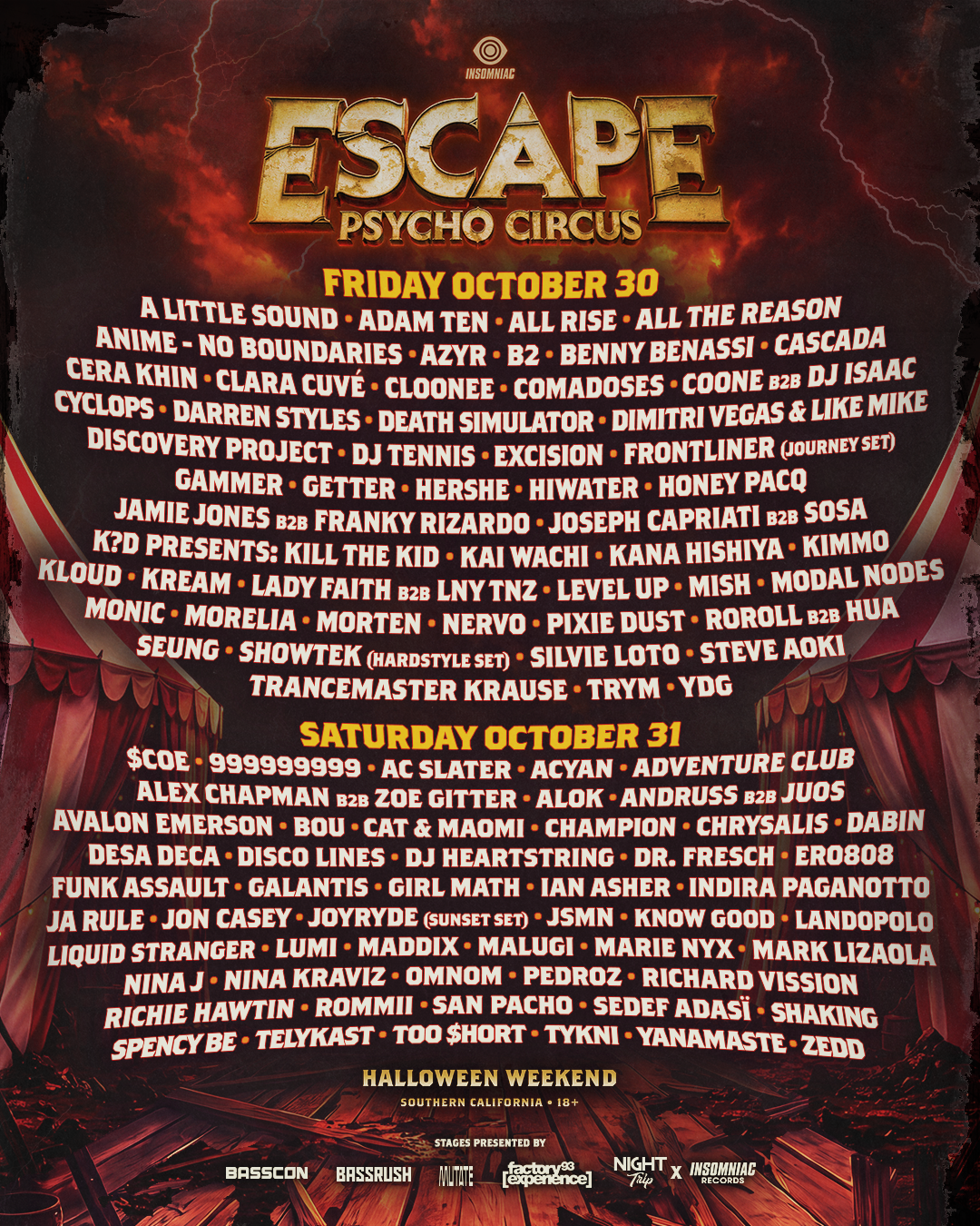 Escape Halloween 2026 lineup by day
