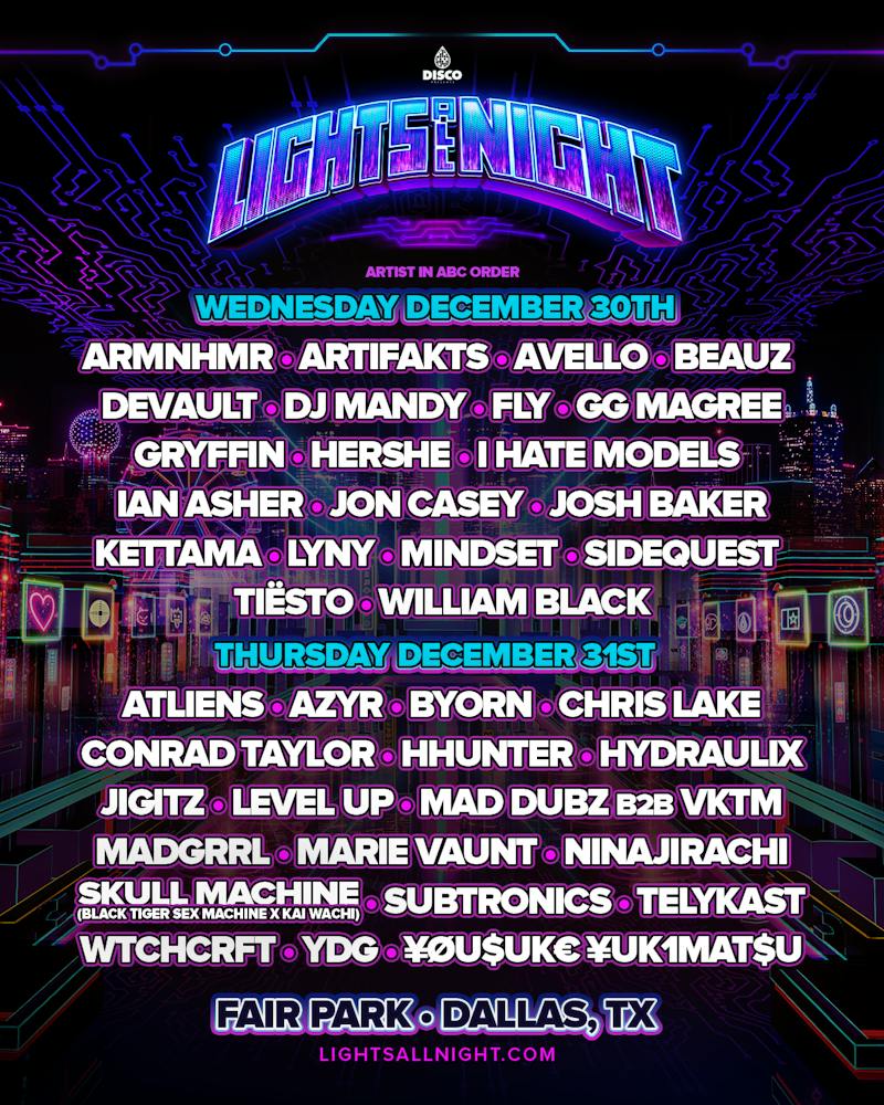 Official Lights All Night 2026 day-by-day lineup poster