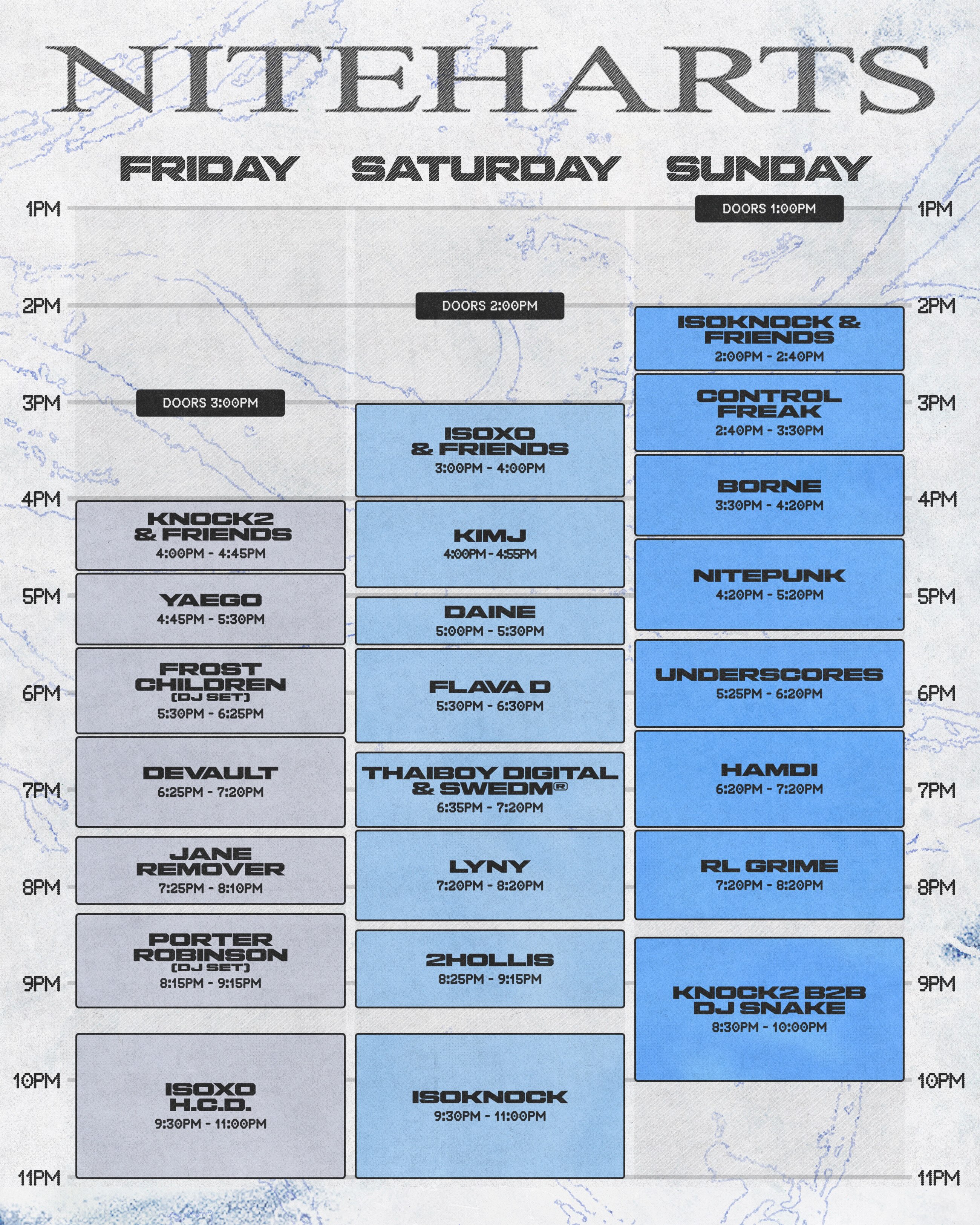 Niteharts 2026 official set times - Official Niteharts 2026 Niteharts set times — Friday, Saturday and Sunday