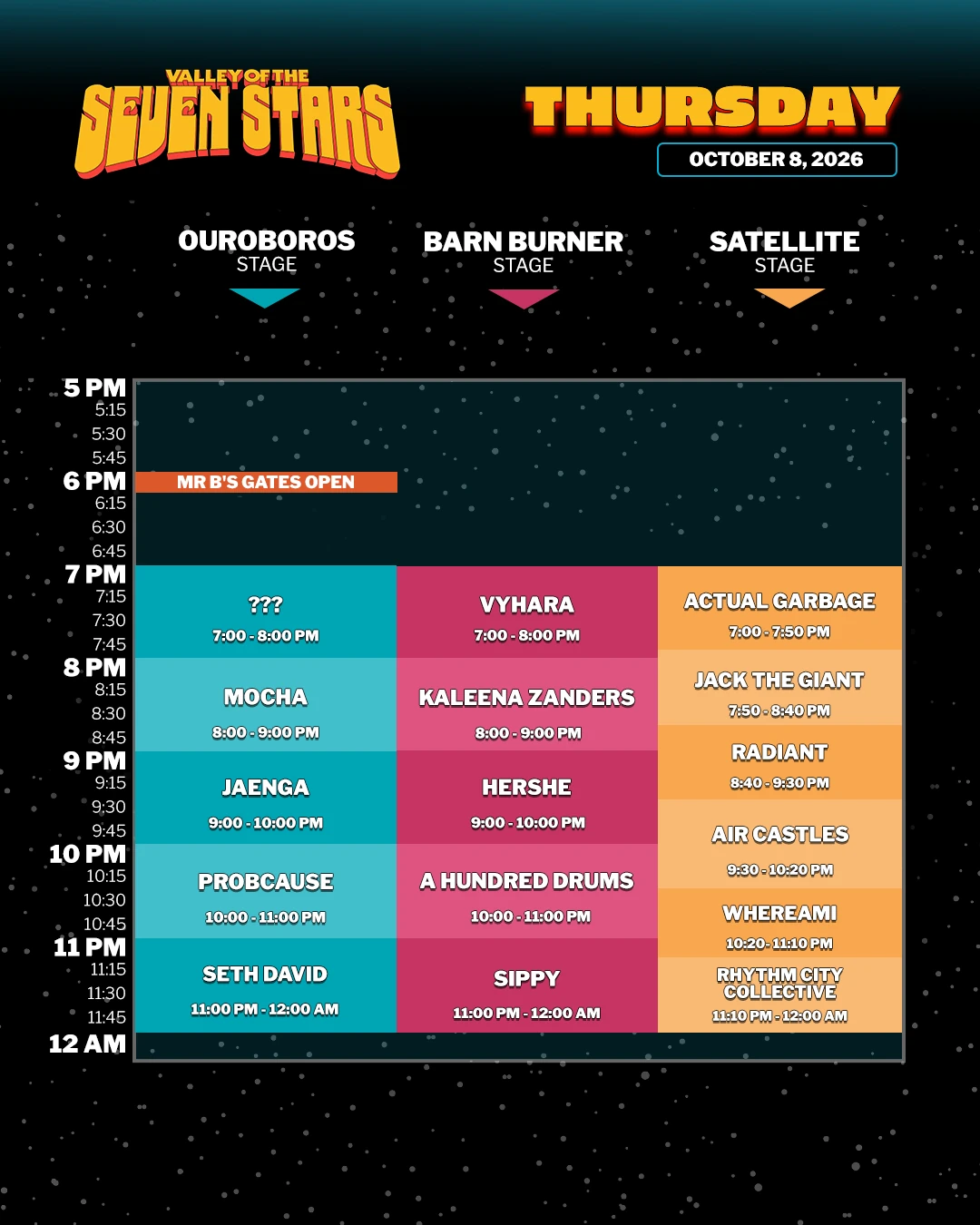 Valley of the Seven Stars 2026 official set times - Official Thursday · Early Arrival set times