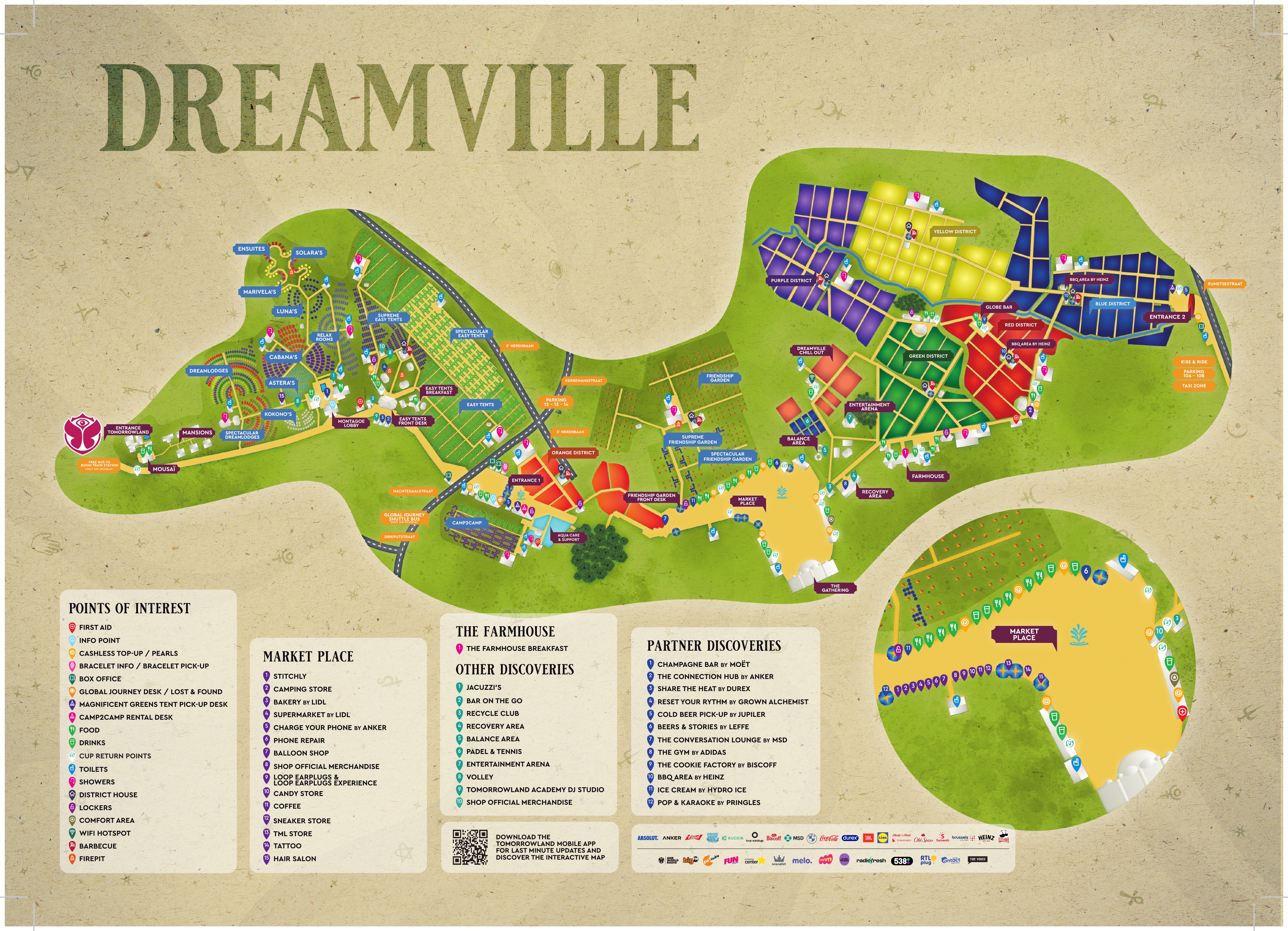 Official Tomorrowland Belgium 2026 DreamVille floorplan — camping areas, entrances, services and marketplace