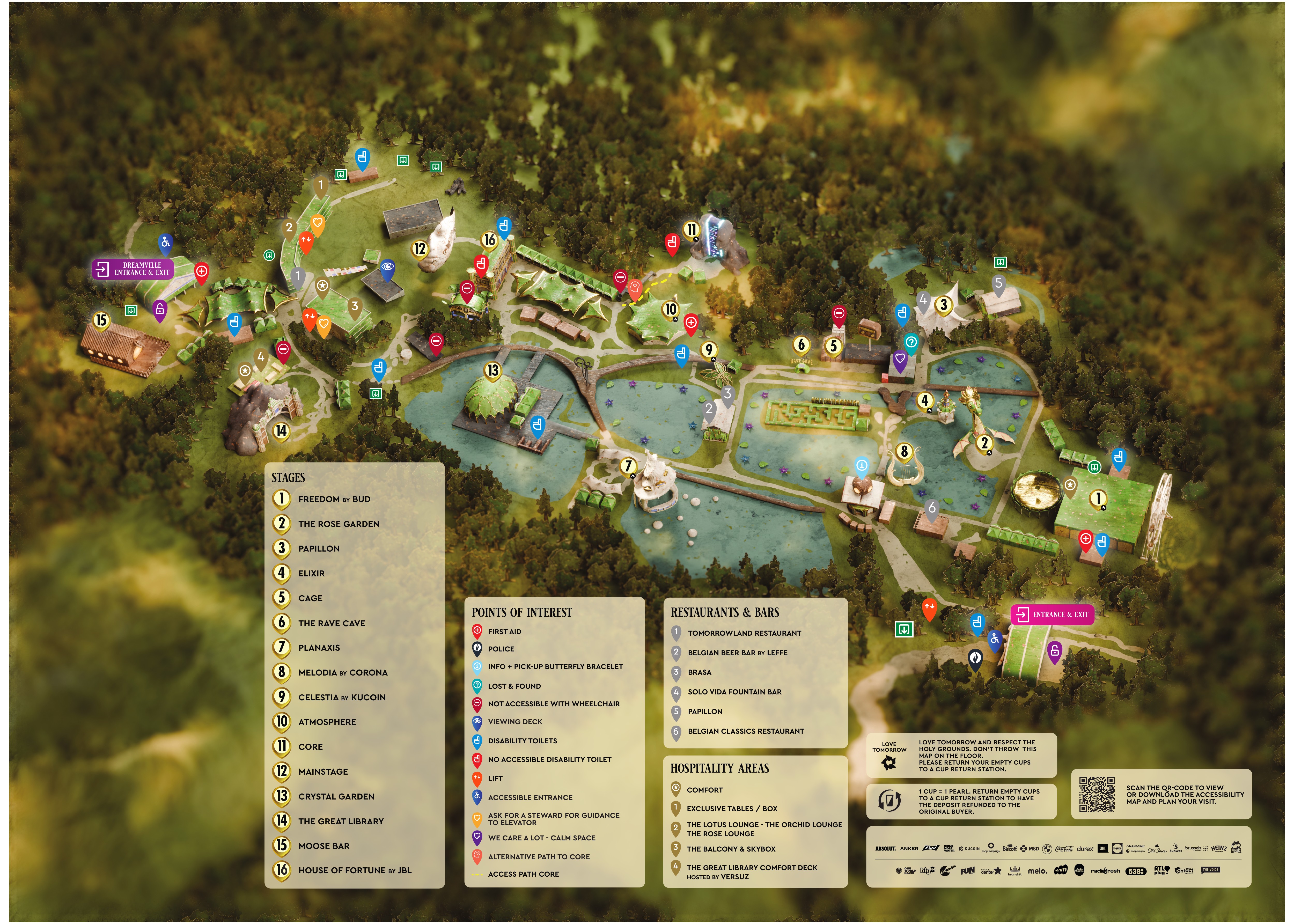 Official Tomorrowland Belgium 2026 accessibility floorplan — accessible entrances, routes, viewing deck and toilets